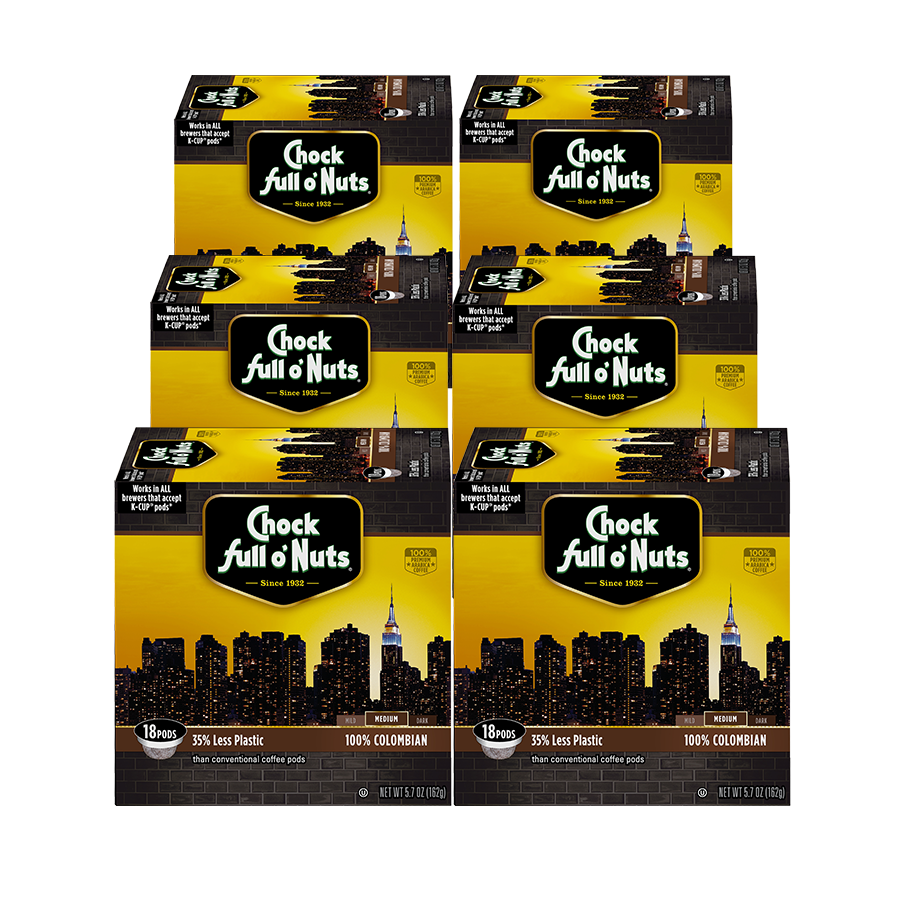 Six boxes of Chock full o'Nuts 100% Colombian - Single-Serve Pods - Medium coffee displayed in two rows, each featuring the NYC skyline and the Statue of Liberty on the packaging.