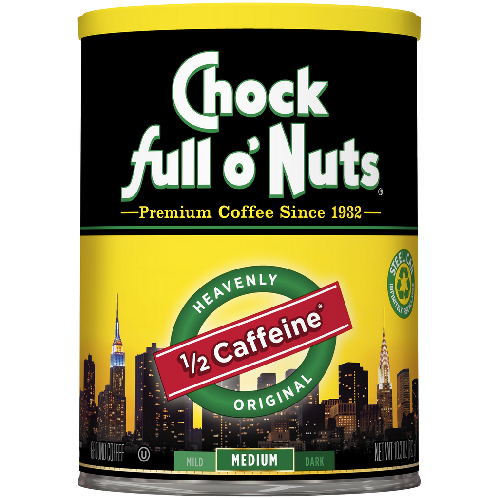 A can of Chock full o'Nuts Heavenly 1/2 Caffeine - Medium - Ground coffee, full of rich flavor from the beans.