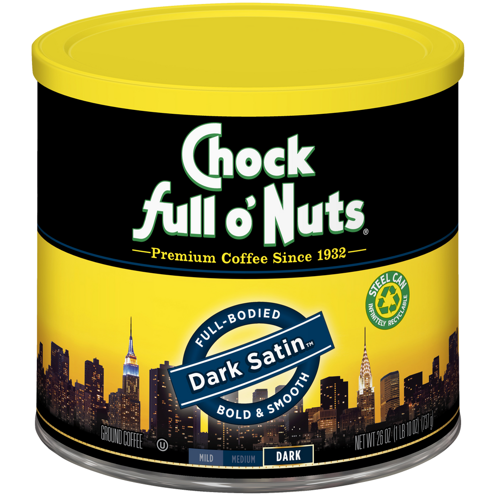 A tin of Dark Satin - Dark - Ground coffee beans from Chock full o'Nuts, perfect for coffee lovers.