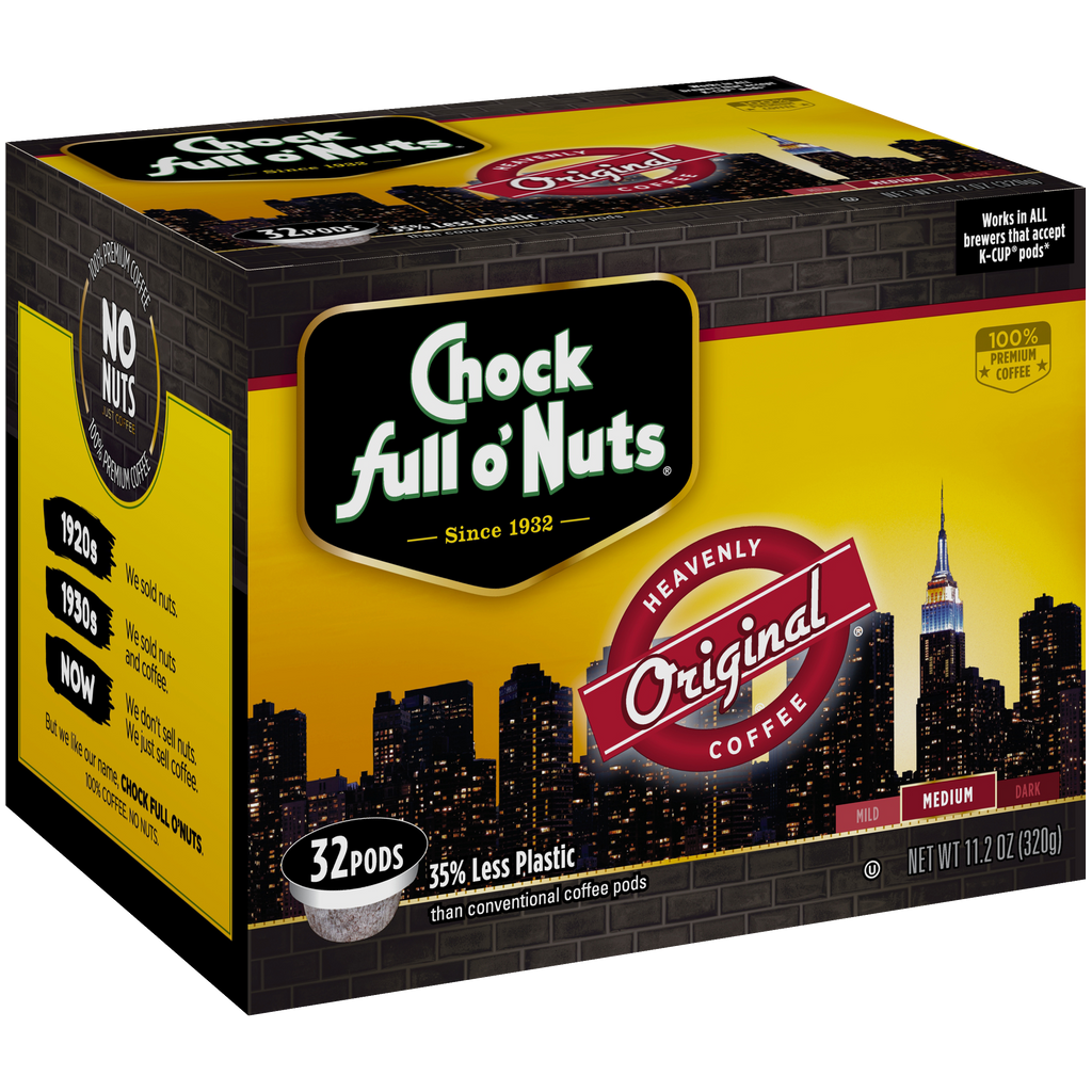 A box of Chock full o'Nuts Heavenly Original - Single-Serve Pods - Medium roast coffee for Keurig machines.