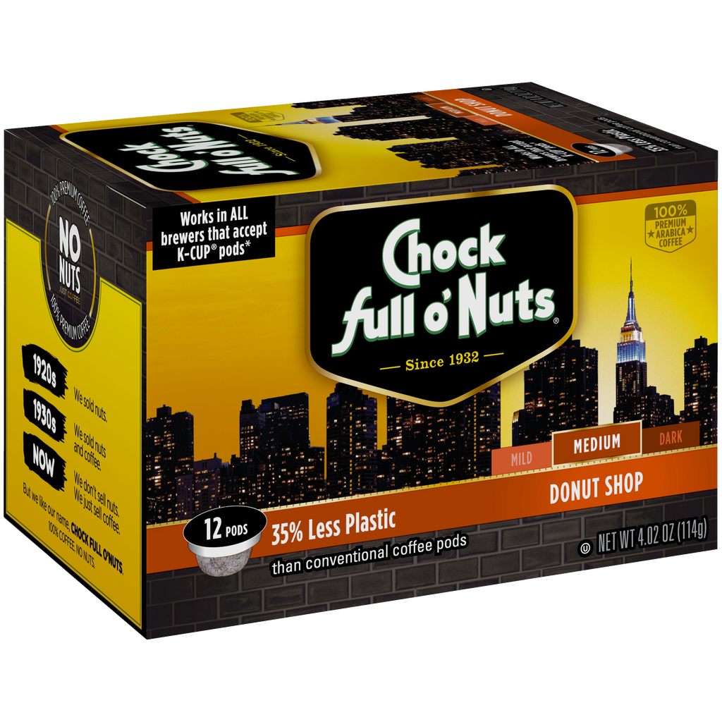 A box of checks full of Chock full o'Nuts Donut Shop Single-Serve Pods - Medium.