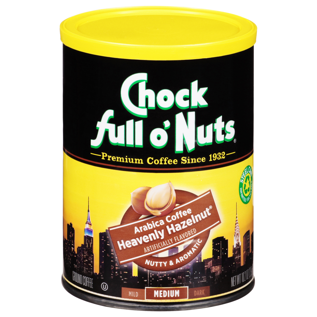 A tin of Chock full o'Nuts Heavenly Hazelnut - Medium - Ground kosher coffee.