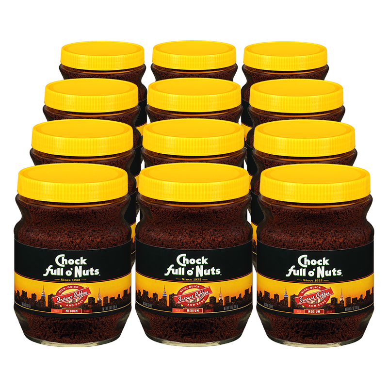 Jars of Chock full o'Nuts Original Instant Coffee - Medium, perfect for a quick and hot cup of kosher coffee.