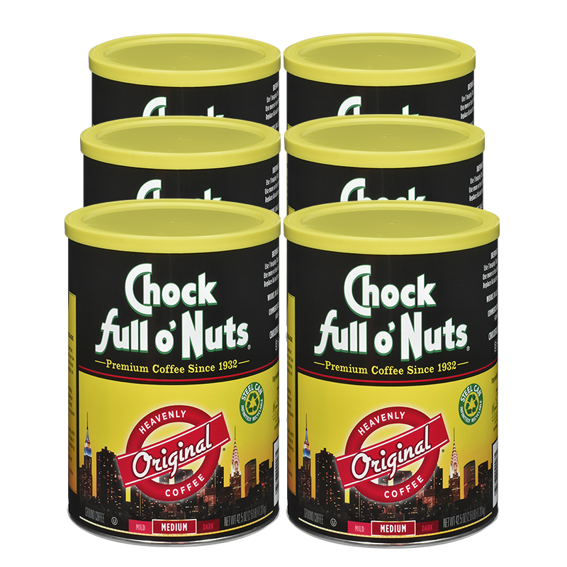 A tin of premium Heavenly Original - Medium - Ground coffee full o nuts Chock full o'Nuts.