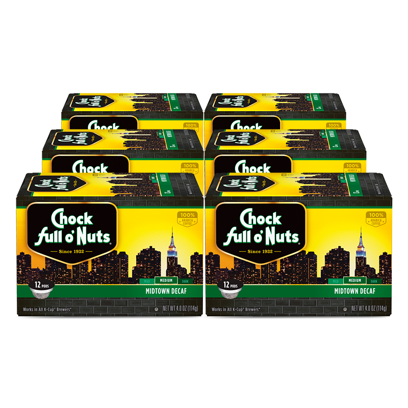 A group of boxes of Chock full o'Nuts Midtown Decaf - Single-Serve Pods - Medium.