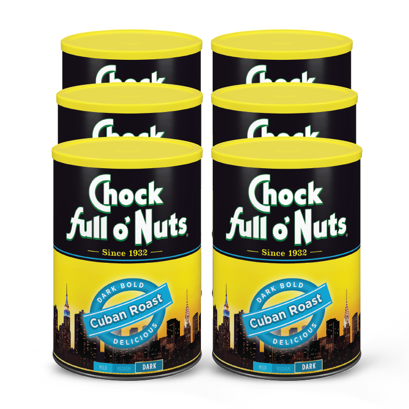 This pack of 6 premium Chock full o'Nuts Cuban Roast - Dark - Ground coffee pods is full of nuts.