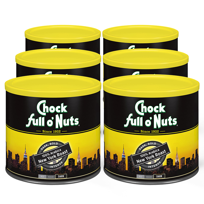 A tin of Chock full o'Nuts New York Roast - Dark - Ground coffee full o nuts.