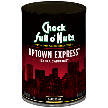 A can of Chock full o'Nuts Uptown Express - Extra Caffeine - Dark coffee with a city on the side.