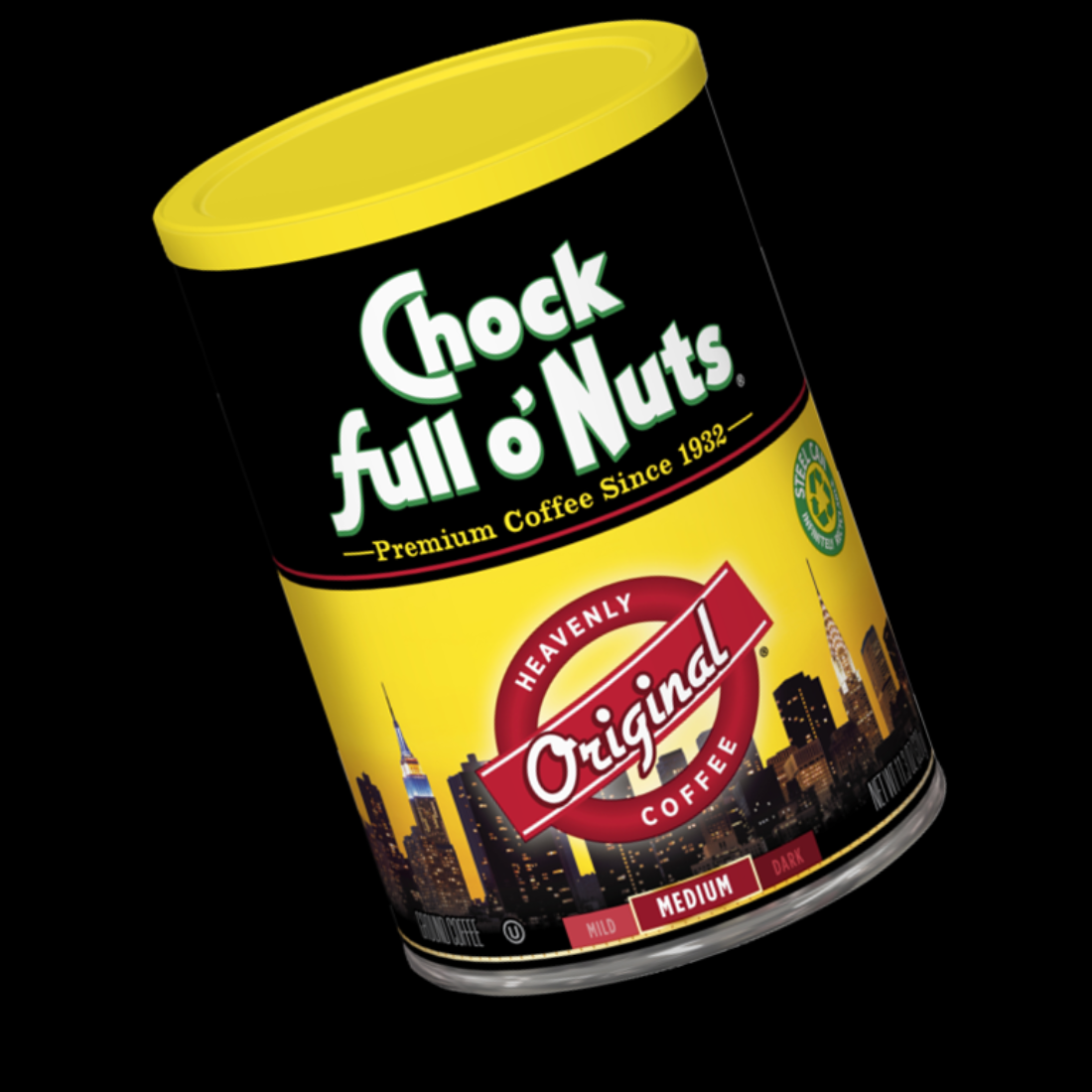 A can of chock full o'nuts original blend coffee, featuring a yellow and red label with an image of a city skyline.