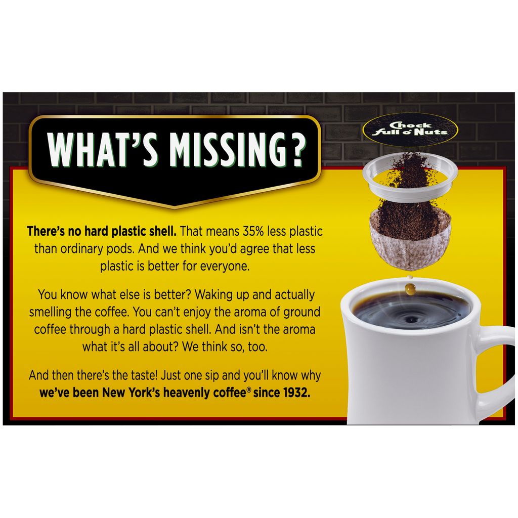 Image of a coffee ad: Chock full o'Nuts highlights their Midtown Manhattan - Single-Serve Pods use 35% less plastic, preserving Premium Arabica aroma. These Keurig Compatible pods promise a unique coffee experience since 1932.