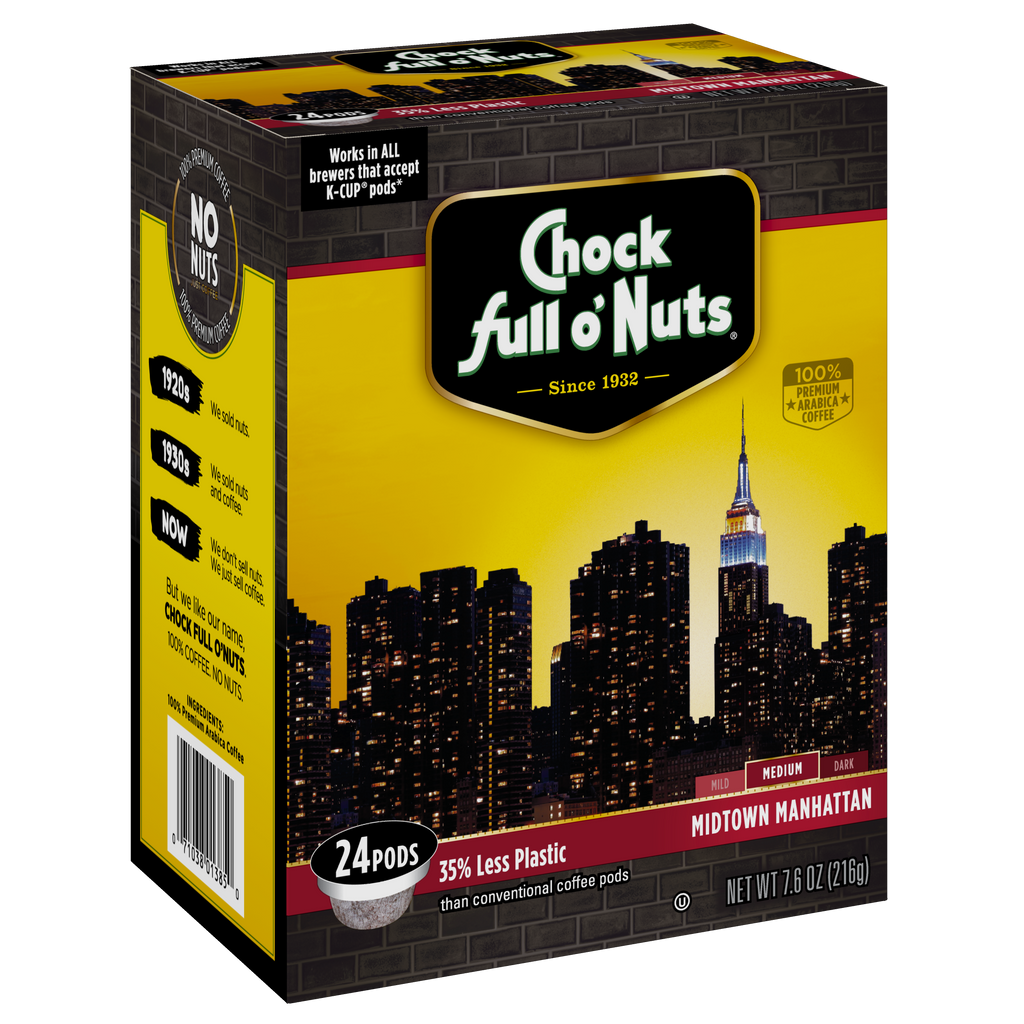 A box of Chock full o’Nuts Midtown Manhattan - Single-Serve Pods - Medium, featuring a night city skyline illustration. Contains 24 Keurig-compatible pods, made with 35% less plastic and crafted from premium Arabica beans to ensure a delightful coffee experience.