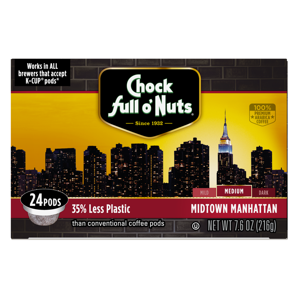 Box of Chock full o'Nuts Midtown Manhattan - Single-Serve Pods - Medium, 24 count. Enjoy the rich flavor of premium Arabica beans with each medium roast pod. The packaging features a city skyline and highlights 35% less plastic per pod and compatibility with all K-CUP brewers, including Keurig.