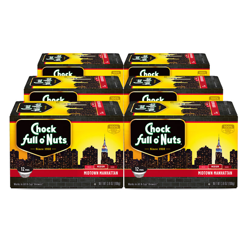 Boxes of Chock full o'Nuts Midtown Manhattan - Single-Serve Pods - Medium, six units each containing 12 premium Arabica coffee pods, are stacked in two rows. The packaging features a city skyline and states "Works in all Keurig compatible brewers."
