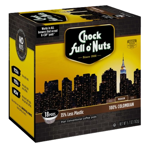 Box of Chock full o'Nuts 100% Colombian single-serve pods with a yellow and black design featuring the New York City skyline and the Empire State Building.