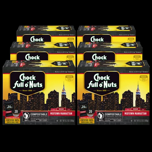 Image of six boxes of "Chock full o'Nuts Midtown Manhattan - Single-Serve Pods - Medium" coffee pods, each containing 20 compostable, Keurig-compatible pods. The boxes feature a cityscape with the Empire State Building in the background, highlighting the Medium Roast made from premium Arabica beans.