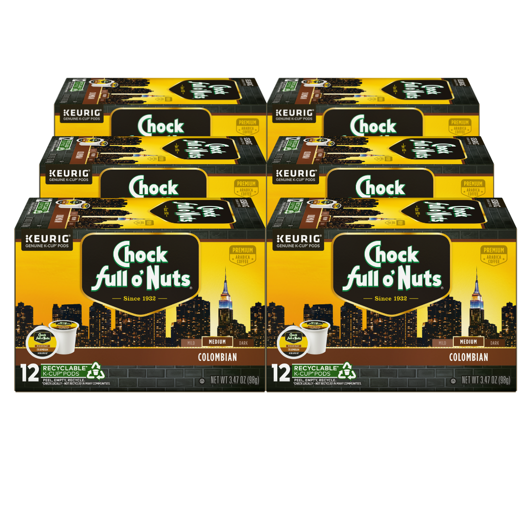Six boxes of Chock full o'Nuts 100% Colombian - Keurig K-Cup® Pods - Medium, each containing 12 recyclable pods. The boxes feature a city skyline and recycling symbol.
