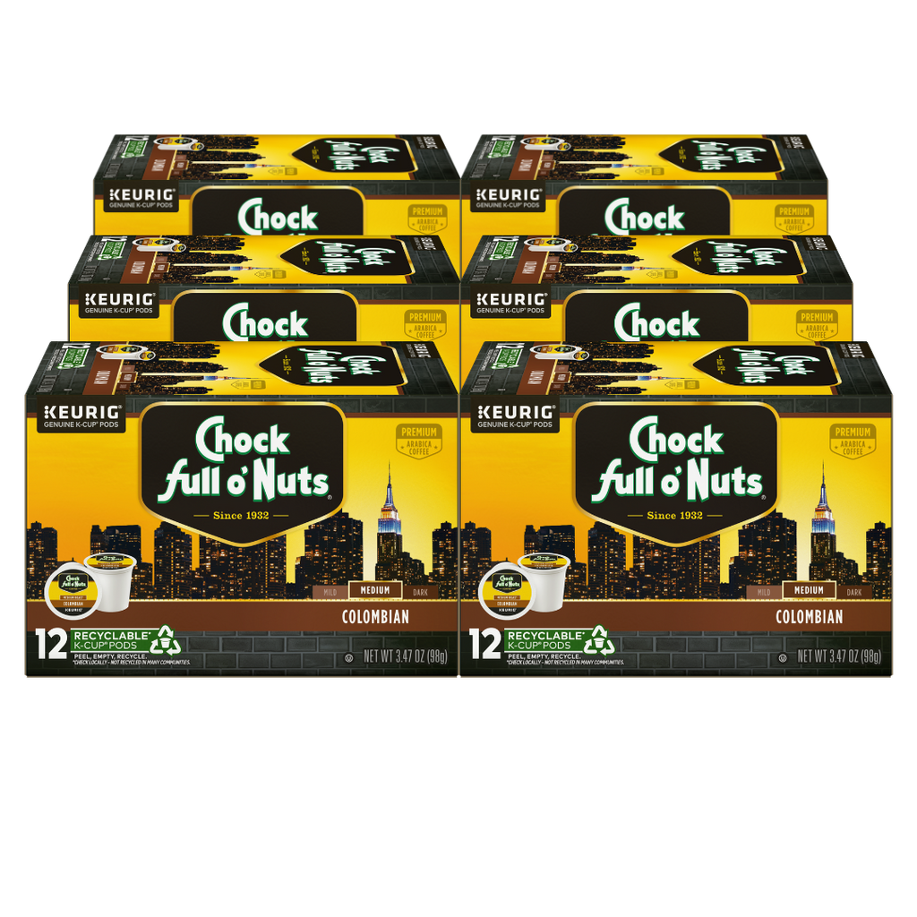 Six boxes of Chock full o'Nuts 100% Colombian - Keurig K-Cup® Pods - Medium, each containing 12 recyclable pods. The boxes feature a city skyline and recycling symbol.