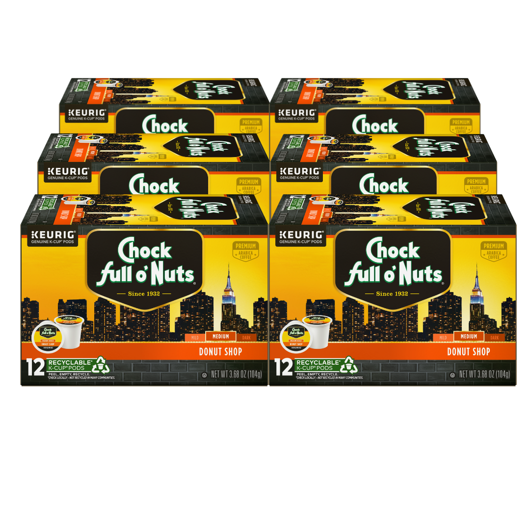 Six boxes of Chock full o'Nuts Donut Shop - Keurig K-Cup® Pods - Medium Roast coffee, each containing 12 recyclable K-Cup pods and weighing 3.9 oz, are displayed. Enjoy the rich taste made from premium Arabica coffee beans in every cup.