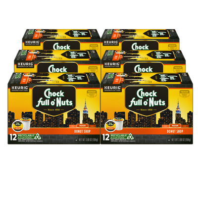 Six boxes of Chock full o'Nuts Donut Shop - Keurig K-Cup® Pods - Medium Roast coffee, each containing 12 recyclable K-Cup pods and weighing 3.9 oz, are displayed. Enjoy the rich taste made from premium Arabica coffee beans in every cup.