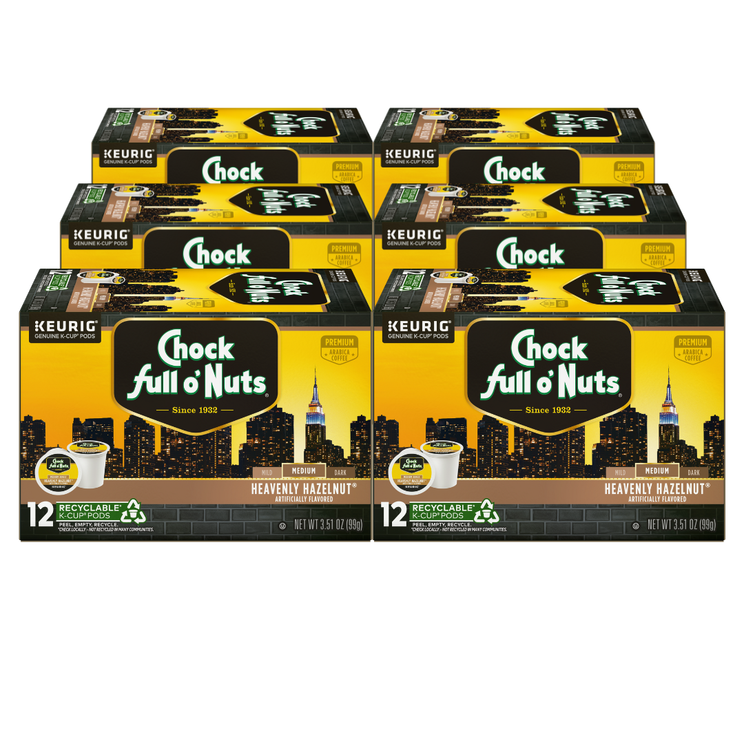 A stack of six boxes of Chock full o'Nuts Heavenly Hazelnut - Keurig K-Cup® Pods Medium Roast. Each box contains 12 recyclable pods, perfect for a delightful morning brew.