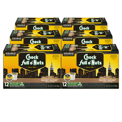 A stack of six boxes of Chock full o'Nuts Heavenly Hazelnut - Keurig K-Cup® Pods Medium Roast. Each box contains 12 recyclable pods, perfect for a delightful morning brew.
