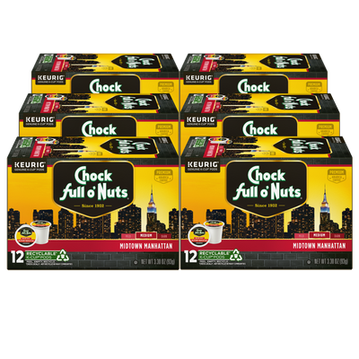 Six boxes of Chock full o’Nuts Midtown Manhattan Keurig K-Cup® Pods - Medium, each containing 12 recyclable pods filled with premium Arabica coffee, are displayed against a black background.