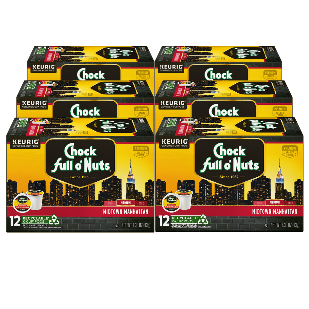 Six boxes of Chock full o’Nuts Midtown Manhattan Keurig K-Cup® Pods - Medium, each containing 12 recyclable pods filled with premium Arabica coffee, are displayed against a black background.