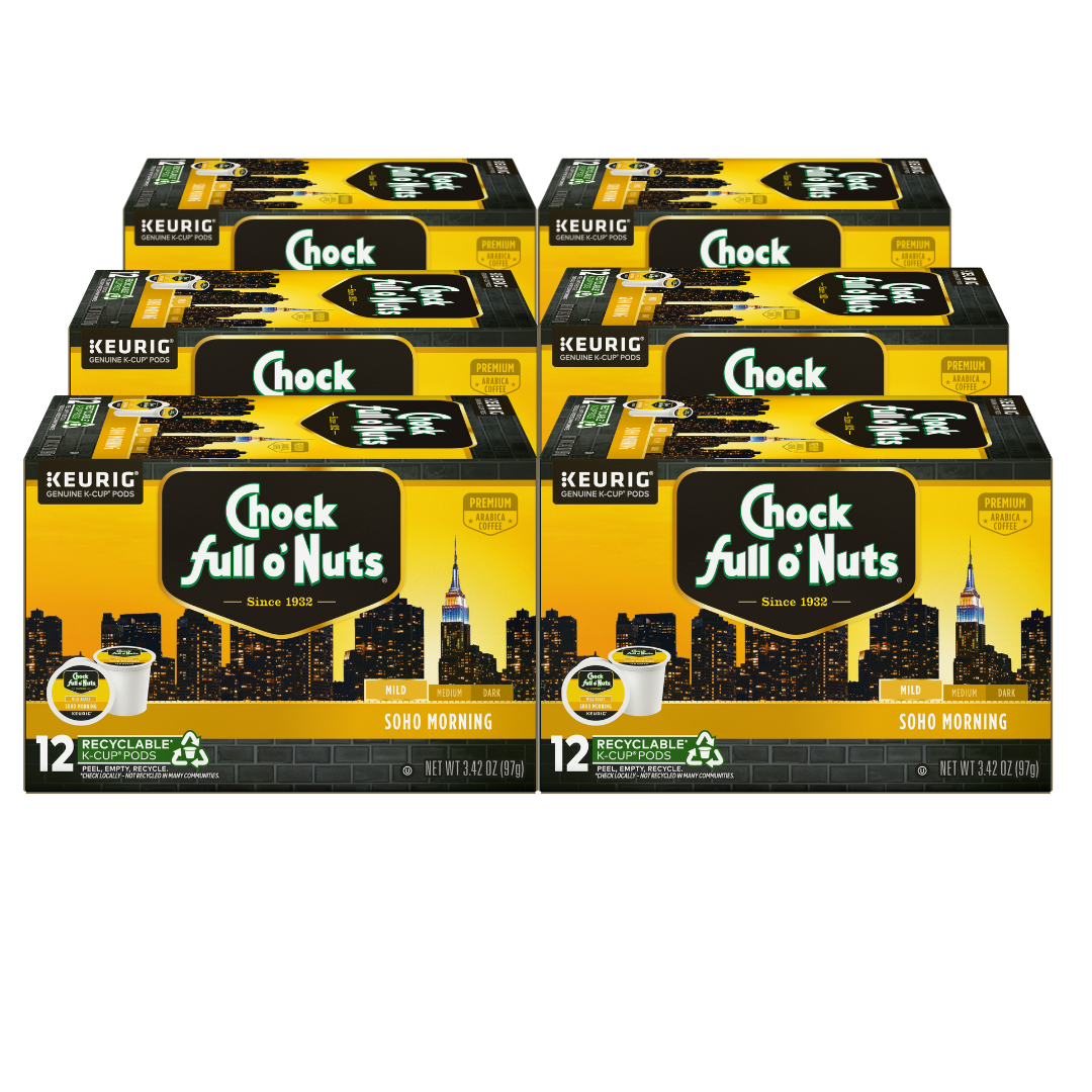 Six boxes of Chock full o'Nuts® Soho Morning - Keurig K-Cup® Pods - Mild Roast, each containing 12 recyclable K-Cup pods made from premium Arabica coffee beans, with NYC skyline design on the packaging.