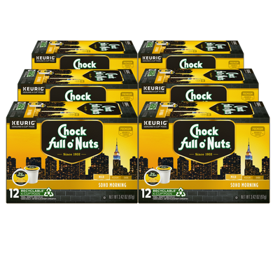 Six boxes of Chock full o'Nuts® Soho Morning - Keurig K-Cup® Pods - Mild Roast, each containing 12 recyclable K-Cup pods made from premium Arabica coffee beans, with NYC skyline design on the packaging.