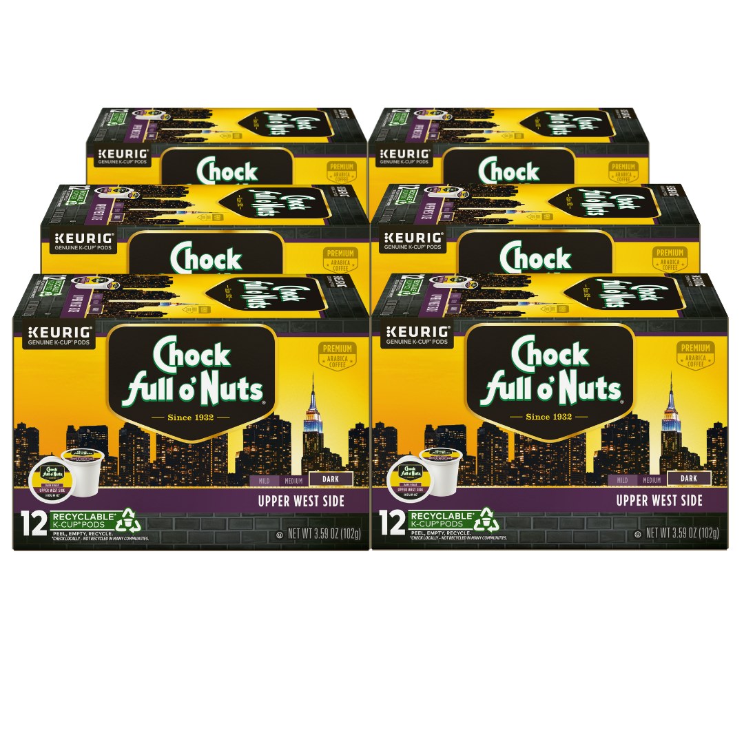 Five boxes of Chock full o'Nuts Upper West Side Keurig K-Cup® Pods - Dark Roast, each containing 12 recyclable single-serve pods made from premium Arabica coffee.