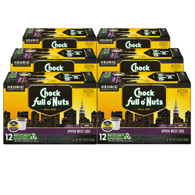 Five boxes of Chock full o'Nuts Upper West Side Keurig K-Cup® Pods - Dark Roast, each containing 12 recyclable single-serve pods made from premium Arabica coffee.
