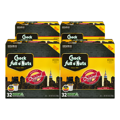 Four boxes of Chock full o'Nuts Heavenly Original Medium Roast coffee pods, each containing 32 K-Cup® pods for use in Keurig machines. The packaging features a city skyline and recycling symbols.