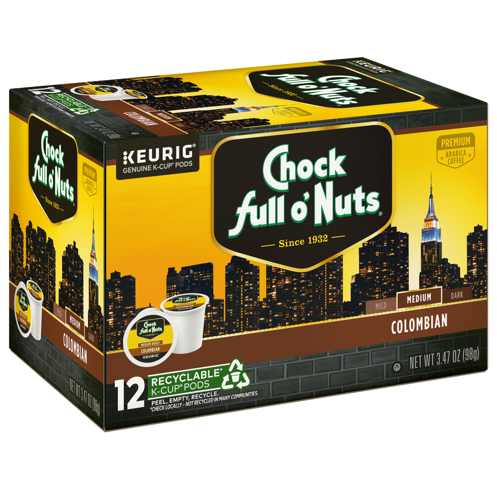 Box of Chock full o'Nuts Colombian Keurig K-Cup® Pods, made from premium Arabica coffee beans in a medium roast, 12 count, recyclable with a New York City skyline design.