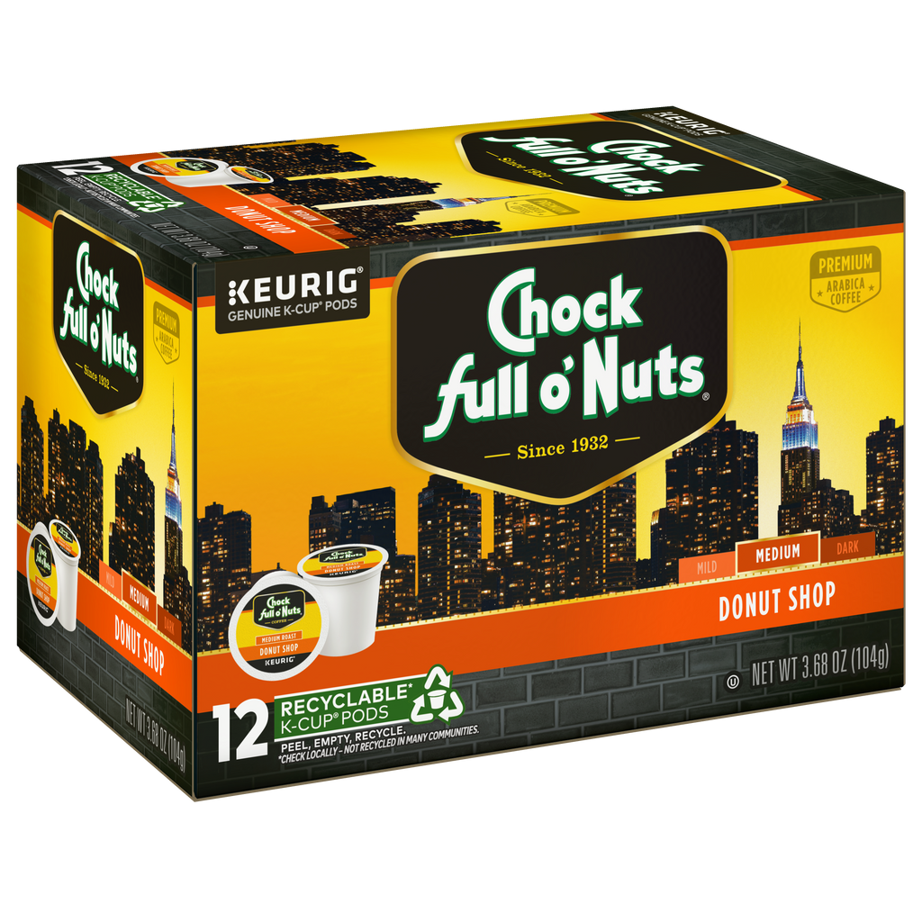 Enjoy a 12-count pack of Chock full o'Nuts® Donut Shop Keurig K-Cup® Pods, featuring medium roast coffee made from premium Arabica beans, all housed in recyclable packaging. Both Skyline and Keurig branding are prominently displayed.