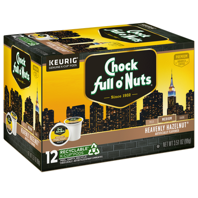 Introducing Chock full o'Nuts' Heavenly Hazelnut Keurig K-Cup® Pods, featuring a New York skyline design. This box includes 12 medium roast, single-serve pods crafted from Arabica coffee beans, weighing a total of 3.51 oz. Enjoy the convenience and sustainability of recyclable cup pods with every brew.