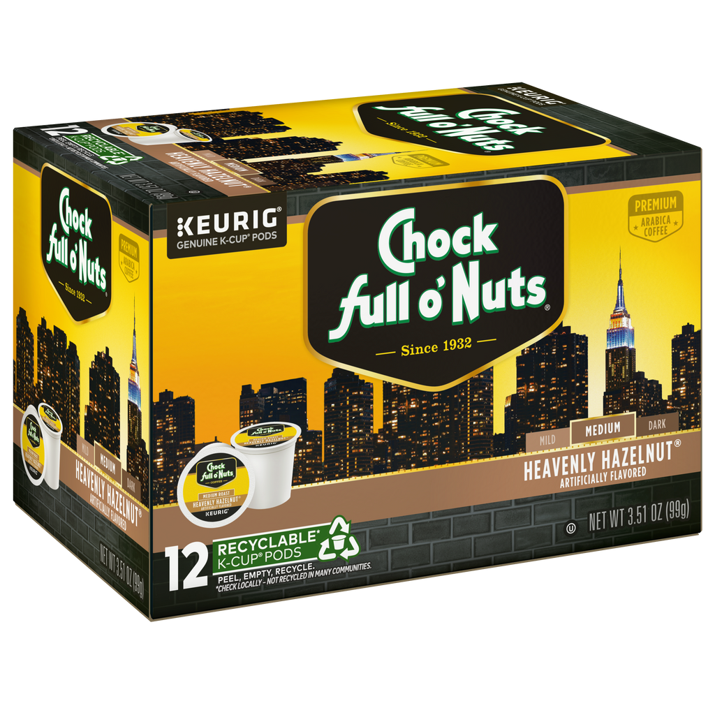 Introducing Chock full o'Nuts' Heavenly Hazelnut Keurig K-Cup® Pods, featuring a New York skyline design. This box includes 12 medium roast, single-serve pods crafted from Arabica coffee beans, weighing a total of 3.51 oz. Enjoy the convenience and sustainability of recyclable cup pods with every brew.