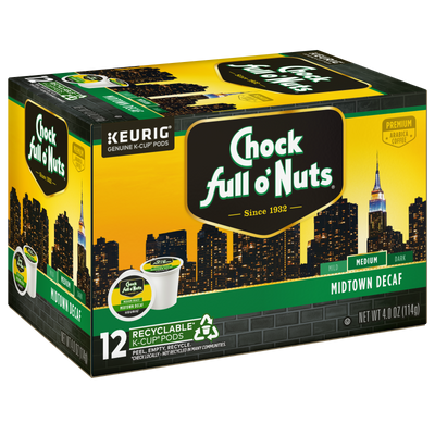 Chock full o'Nuts Midtown Decaf Medium coffee pods, available in a 12-count, feature premium Arabica coffee and come with packaging that displays a city skyline design and a recycling symbol.