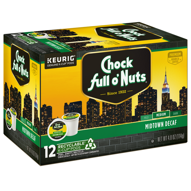 Chock full o'Nuts Midtown Decaf Medium coffee pods, available in a 12-count, feature premium Arabica coffee and come with packaging that displays a city skyline design and a recycling symbol.