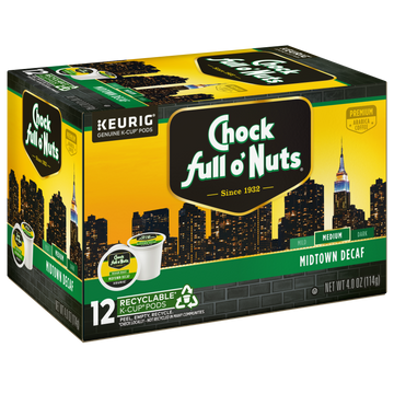 Chock full o'Nuts Midtown Decaf Medium coffee pods, available in a 12-count, feature premium Arabica coffee and come with packaging that displays a city skyline design and a recycling symbol.