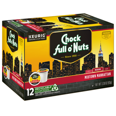 The Chock full o'Nuts Midtown Manhattan Keurig K-Cup Pods box contains 12 single-serve pods of medium roast coffee. The packaging is adorned with a city skyline and offers the rich flavor of Arabica coffee beans for an exceptional taste experience.