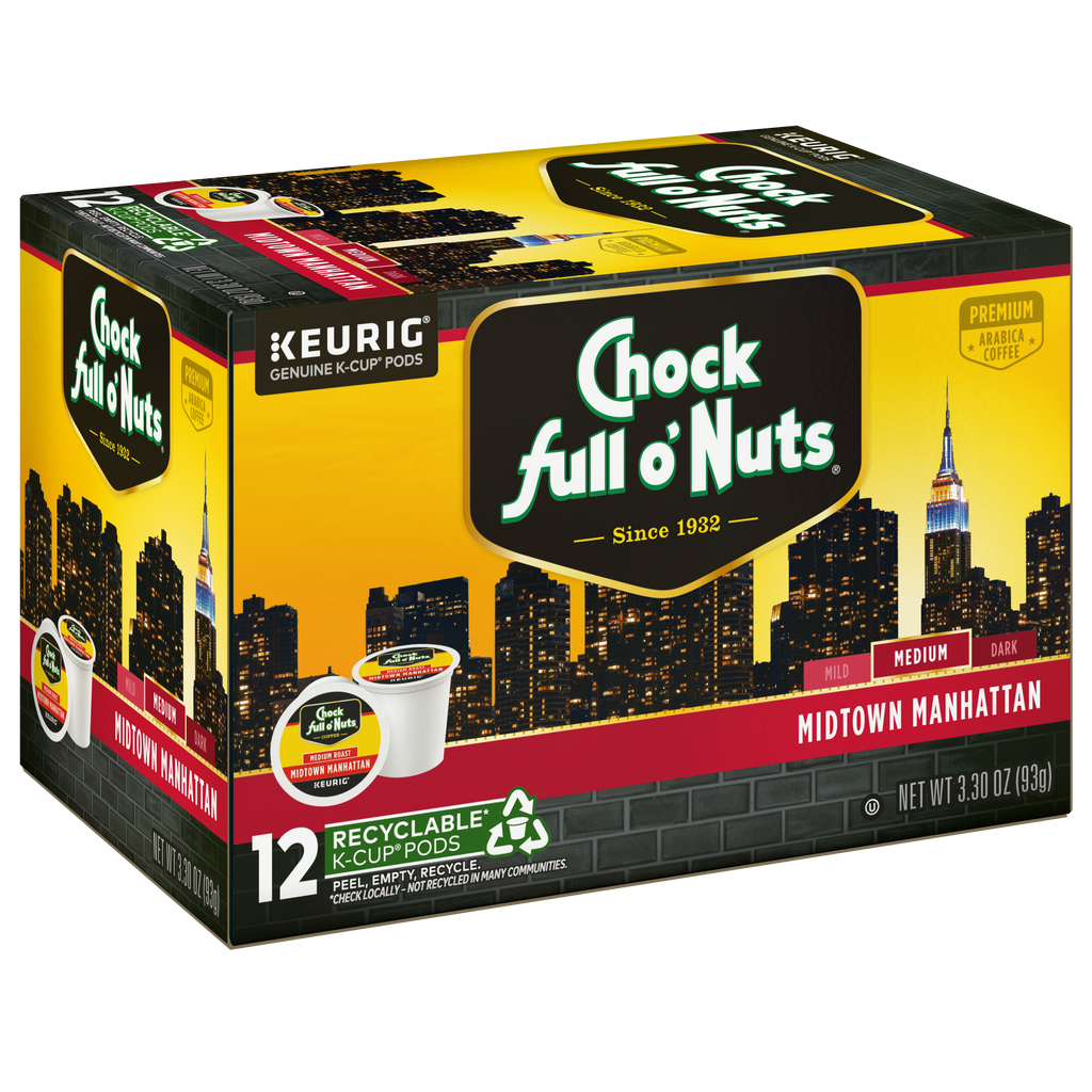 The Chock full o'Nuts Midtown Manhattan Keurig K-Cup Pods box contains 12 single-serve pods of medium roast coffee. The packaging is adorned with a city skyline and offers the rich flavor of Arabica coffee beans for an exceptional taste experience.