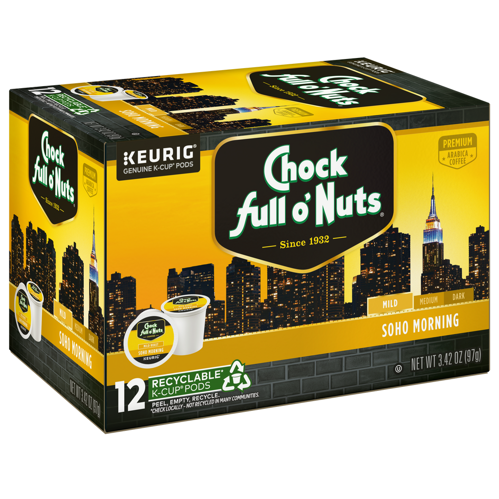 Box of Chock full o'Nuts Soho Morning mild roast Keurig K-Cup® pods, made with 100% Arabica coffee and featuring a skyline design.