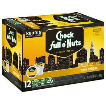 Box of Chock full o'Nuts Soho Morning mild roast Keurig K-Cup® pods, made with 100% Arabica coffee and featuring a skyline design.