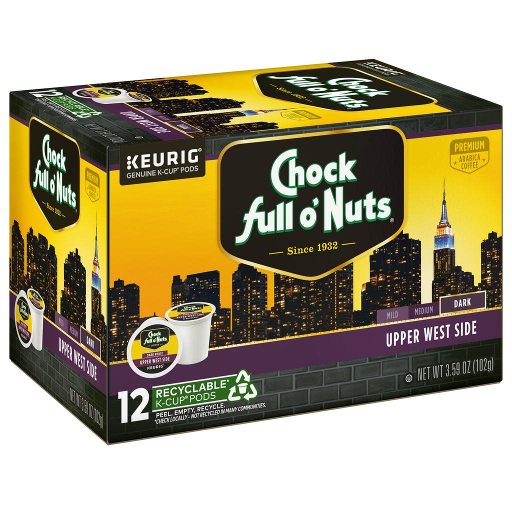 Chock full o'Nuts' Upper West Side Keurig K-Cup® Pods feature a New York City skyline design. Each pod, made from premium Arabica coffee beans, provides a rich and flavorful dark roast experience. This set includes 12 coffee pods.