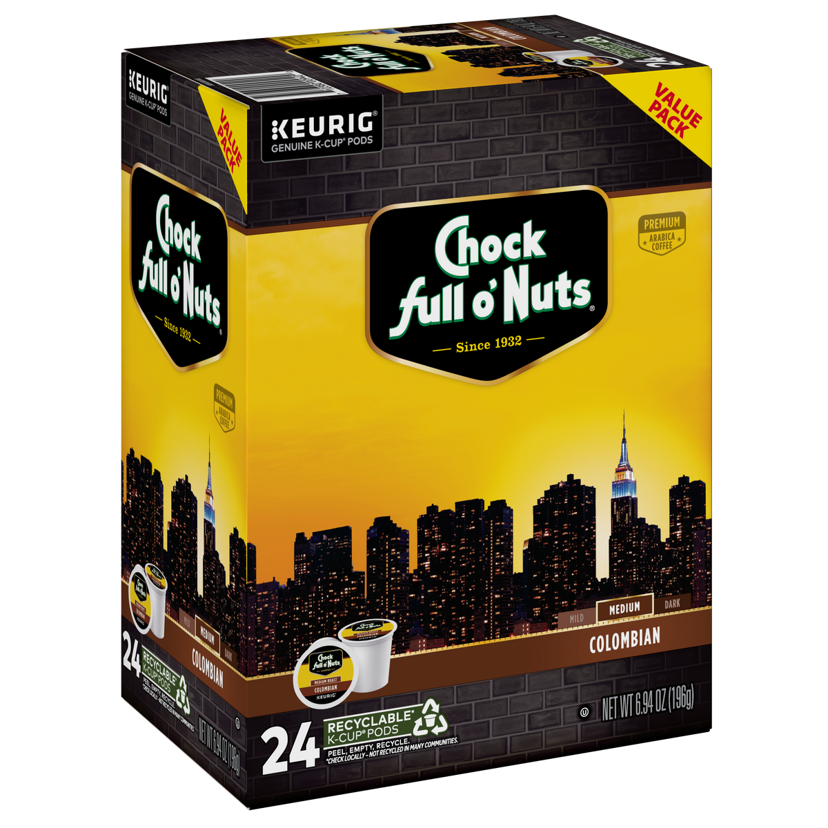 Enjoy the Chock full o'Nuts Colombian - Keurig K-Cup Pods, crafted from premium Arabica beans with a New York City skyline design. This 24-count pack offers a rich, medium roast that's perfectly Keurig compatible for your convenience.