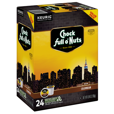 Enjoy the Chock full o'Nuts Colombian - Keurig K-Cup Pods, crafted from premium Arabica beans with a New York City skyline design. This 24-count pack offers a rich, medium roast that's perfectly Keurig compatible for your convenience.