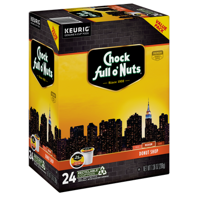 Box of 24 Chock full o'Nuts Donut Shop - Keurig K-Cup Pods, containing premium Arabica coffee beans with a New York City skyline design, offering a delightful medium roast brew experience.