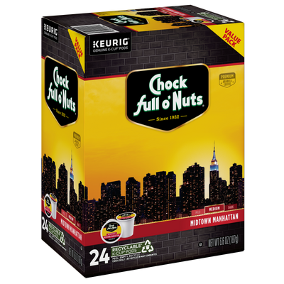 Box of Chock full o'Nuts Midtown Manhattan Keurig K-Cup Pods with a skyline illustration; includes 24 single-serve, medium roast Arabica coffee pods for a rich, smooth brew.