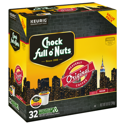 Box of Chock full o'Nuts Heavenly Original - Keurig K-Cup® Pods features an illustration of the New York City skyline. It contains 32 recyclable pods offering a delightful medium roast experience.