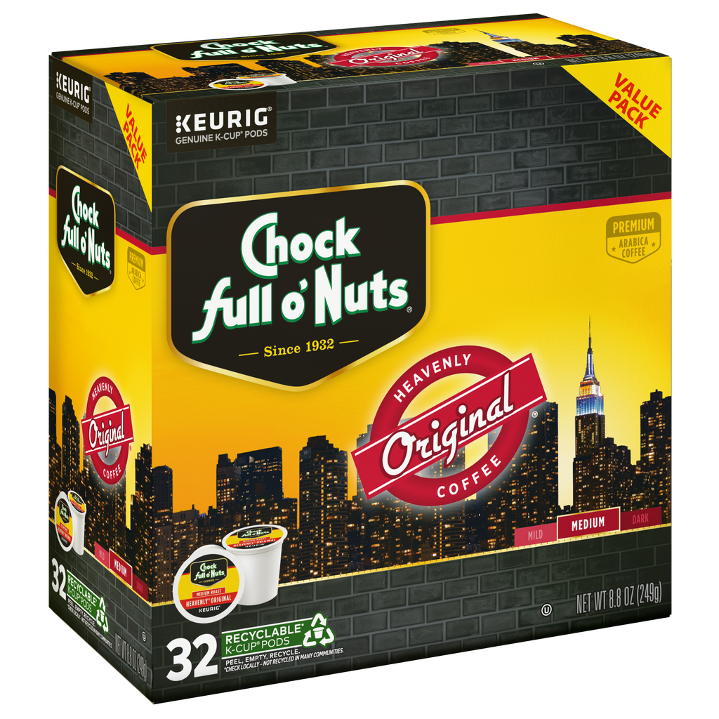 Box of Chock full o'Nuts Heavenly Original - Keurig K-Cup® Pods features an illustration of the New York City skyline. It contains 32 recyclable pods offering a delightful medium roast experience.